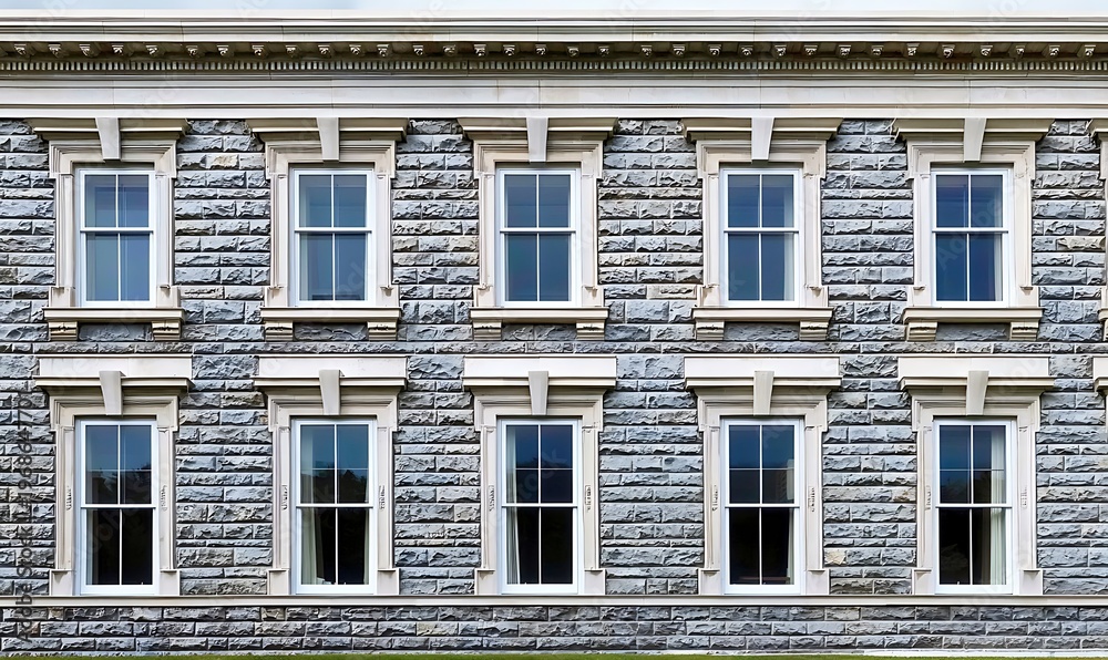 Naklejka premium Old stone building facade with rows of symmetrical windows and decorative trim.