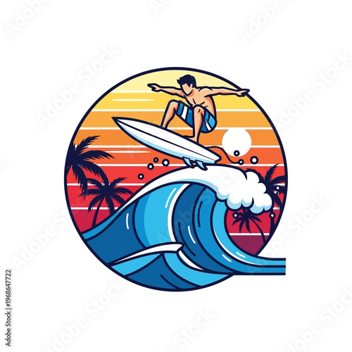 Surfer riding a big wave at sunset with palm trees, retro style