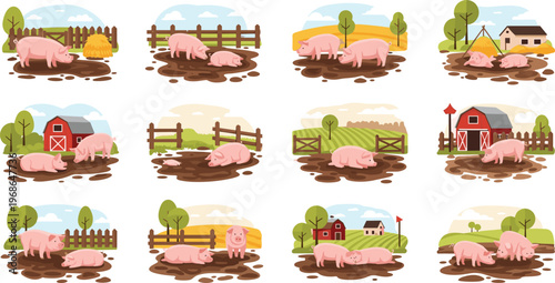 Set of pigs in muddy farm scenes with barns, fences and countryside landscapes, cute livestock illustrations in flat cartoon rural style