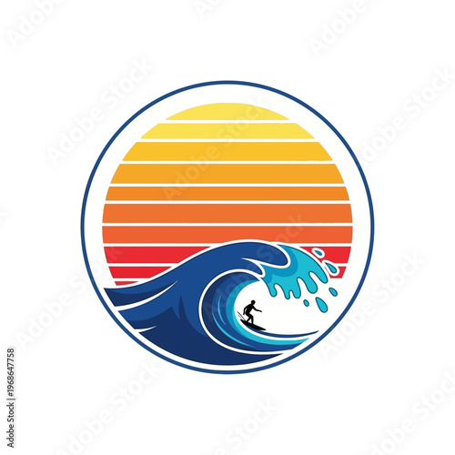 Surfer Riding Crashing Wave at Sunset, Retro Style Circle Logo
