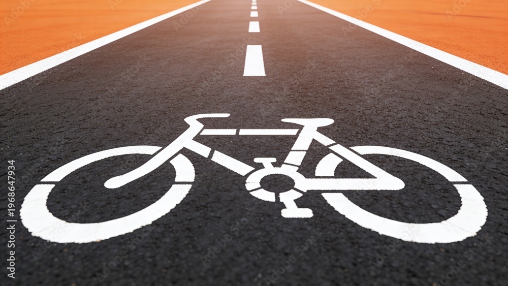 Obraz premium A bicycle lane marked on a black asphalt road. The lane features a white bicycle symbol, indicating a designated area for cyclists.