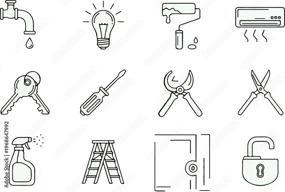 Fototapeta premium Home Maintenance and Repair Services Minimalist Line Icon Set.