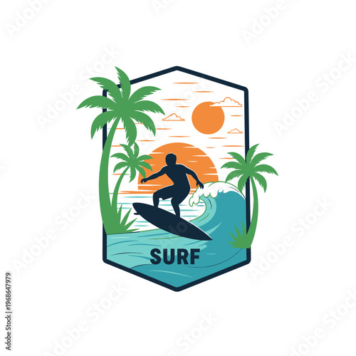 Surfer Riding Wave Palm Trees Sunset Emblem Badge Design