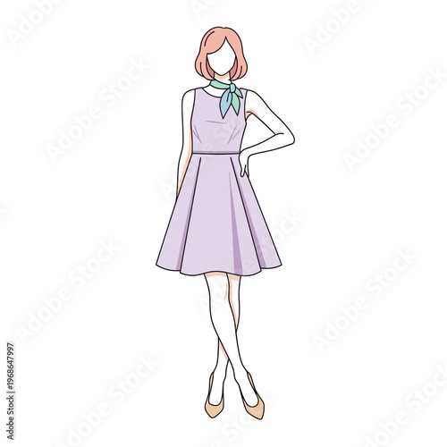 Fashionable Woman in Lavender Dress and Scarf, Elegant Style Illustration