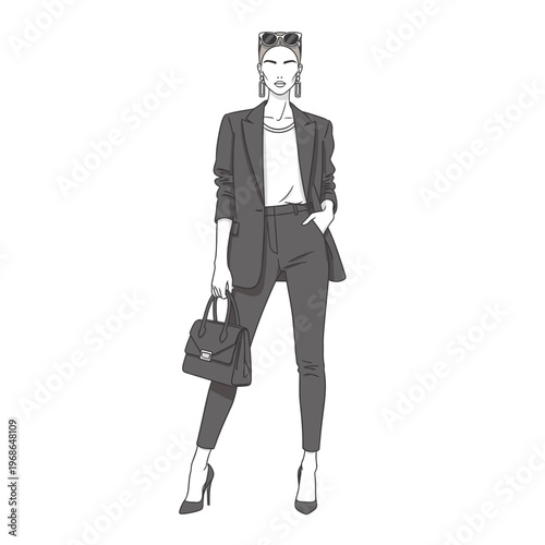 Fashionable Woman in Stylish Suit, Holding Handbag, Modern Style Illustration