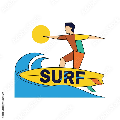Surfer Riding Wave, Abstract Geometric Style, Sunny Day, Summer Sport