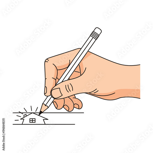 Hand drawing a house with pencil, concept of building, creation, and home design