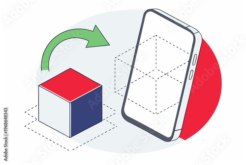 Phone screen displaying augmented reality cube furniture try-on, virtual home decoration, ar technology concept. Vector illustration flat line style