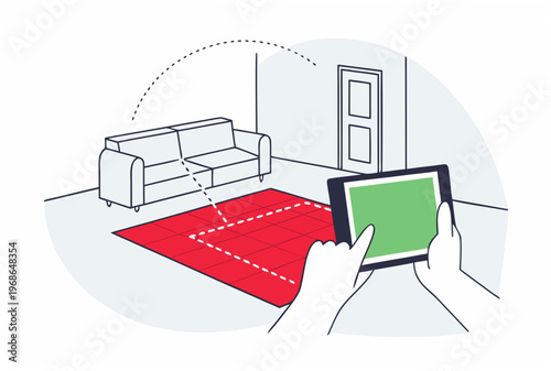 Woman hand holding tablet, using augmented reality app for furniture try-on in living room. AR design interior concept. Flat line vector illustration