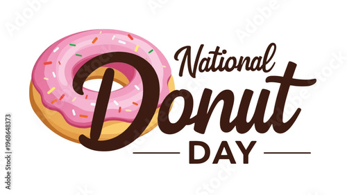 National Donut Day, pink frosted donut, colorful sprinkles, vector illustration, sweet treats, bakery