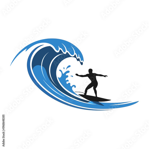 Surfer Silhouette Riding Crashing Ocean Wave, Extreme Water Sport