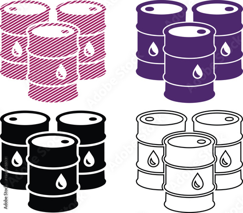Vector oil barrels group icons with barrels are depicted with liquid