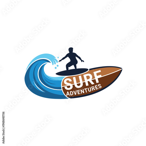 Surfing Silhouette on Wave and Surfboard with Text "Surf Adventures"