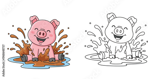 Cute Happy Pig Splashing in Mud Puddle Cartoon Illustration and Black and White Line Art Coloring Page for Kids Education Activity Vector Set Isolated on White Background