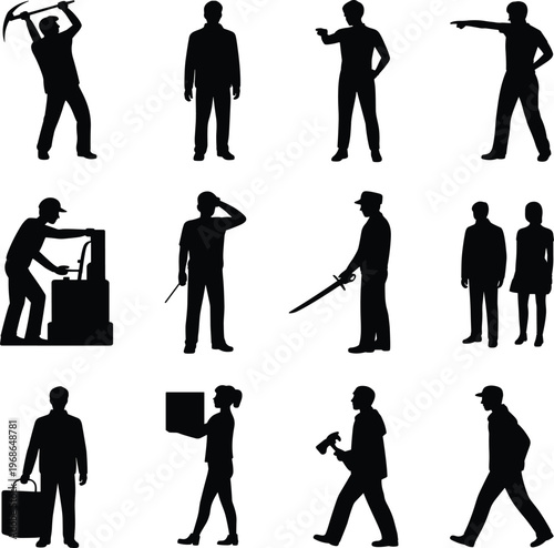 Black silhouette of people performing various daily activities and sports walking des