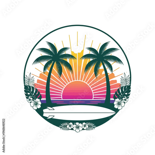 Tropical Sunset Emblem with Palm Trees, Surfboard, and Flowers