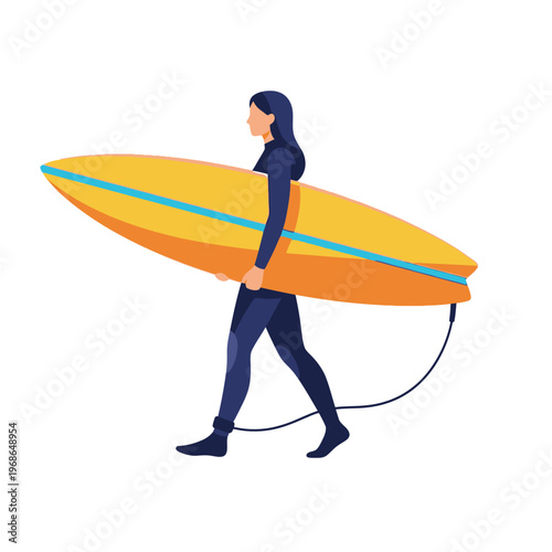 Woman Surfer in Wetsuit Carrying Yellow Surfboard on White Background