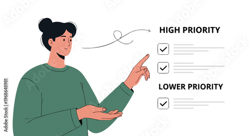 Woman managing task list with high and low priority checkboxes