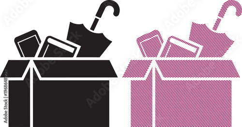 Vector moving box with books and umbrella icon with flat design