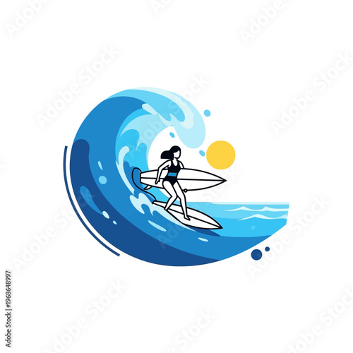 Woman Surfer Riding Big Wave, Ocean Sunset, Summer Beach Sport