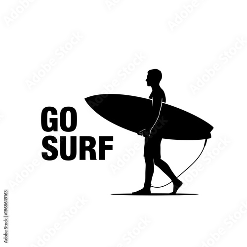 Silhouette of a surfer carrying a surfboard, with "GO SURF" text