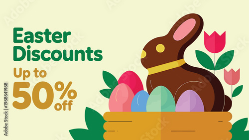 Easter Discounts Banner with Chocolate Bunny and Colorful Eggs in Basket Vector
