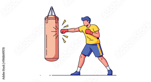 Boxer training with punching bag flat vector illustration