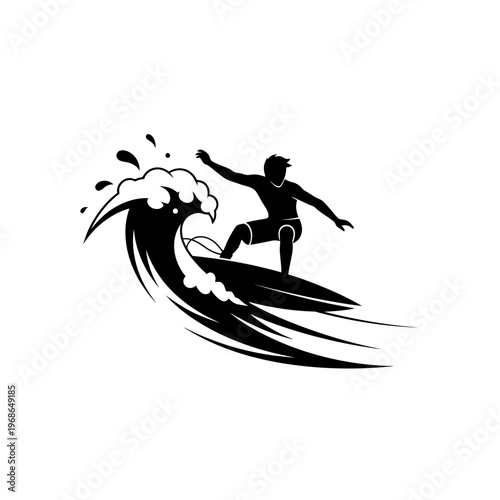 Silhouette of a surfer riding a crashing ocean wave, dynamic water sports illustration