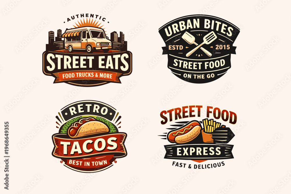 Fototapeta premium Street Food Logo Set with Retro Badges, Fast Food Labels and Urban Restaurant Branding