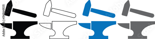 Vector hammer and anvil blacksmith tools icon with flat design