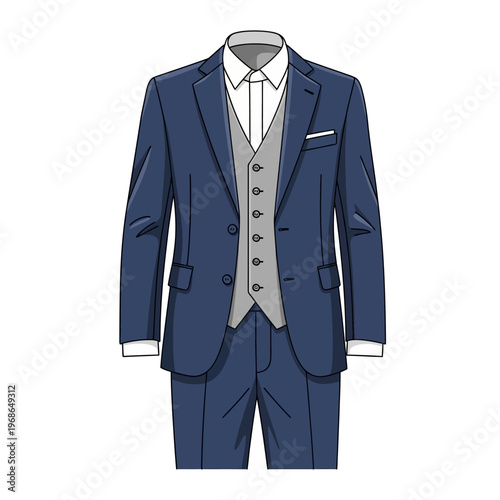 Classic Blue Three-Piece Suit with White Shirt and Grey Vest