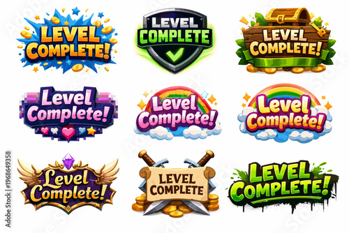 Level Complete Badge Set with Game UI Achievement Labels and Reward Icons