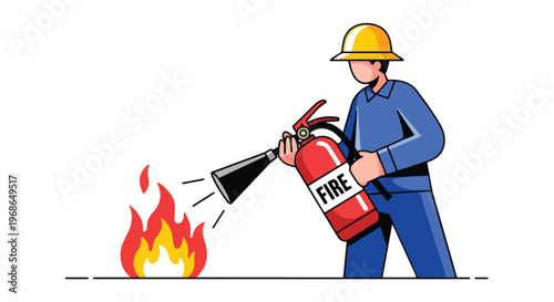 Illustration of a worker using a fire extinguisher to put out a small flame