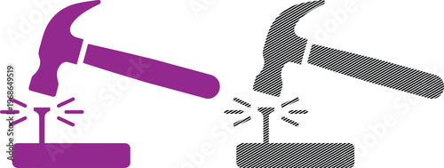 Vector hammer hitting nail icon. repair and construction tool symbol