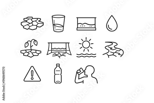 Drought and Water Scarcity Line Icon Set with Dry Land, Heat and Climate Change Symbols