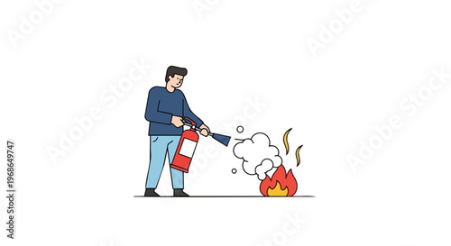 Man Using Fire Extinguisher to Put Out Small Fire Illustration