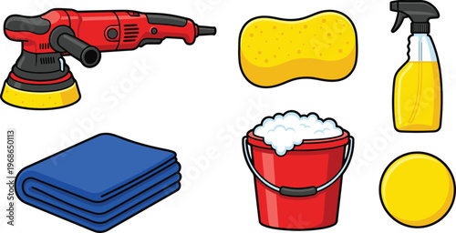 A person cleans a car with various tools and supplies outdoors