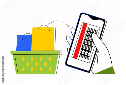 Hand holding smartphone scanning barcode on shopping basket with purchase bags, illustrating automated self-checkout process. Vector illustration for online store, retail, mobile application banner,