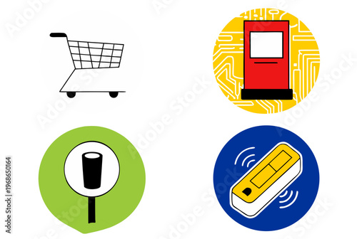 Self-checkout automated system icon set with shopping cart, kiosk, scanner, and remote control. Modern retail technology vector illustration