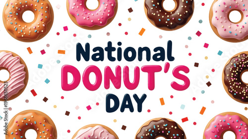 National Donut's Day, colorful donuts, sprinkles, sweet treats, dessert icons