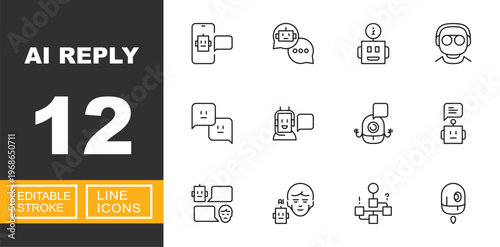 AI Reply icon set. Includes smart messaging, robot response, chatbot interaction, automated chat, virtual assistant feedback. Editable stroke line icons.