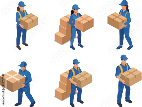 荷物を運ぶ配達員・作業員のアイソメトリックイラストセット
Isometric illustration set of delivery workers and workers carrying packages