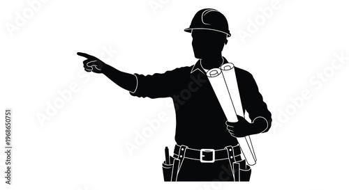 A black silhouette of a construction worker pointing holding blueprints showcasing professional expertise and authority silhouette high quality detailed modern elegant