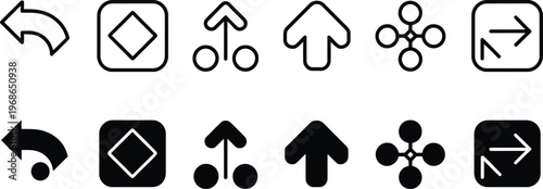 Action icons black and white vector symbols, moving expanding connecting directions, minimal line design, modern elegant style, clean crisp high quality professional detailed UI elements.