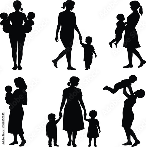 Six black silhouettes of adults and children in various poses set against white background family de