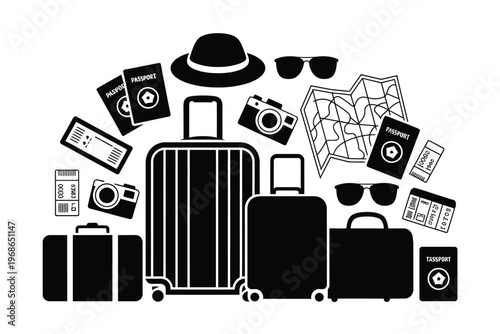 Black and white of travel essentials and souvenirs