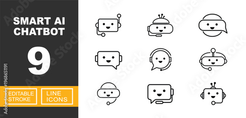 Chatbot Support icon. Includes artificial intelligence, customer service, virtual assistant, robot communication, online messaging. Editable stroke line icons.