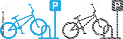 Vector bicycle parked at bike rack with parking sign with city life
