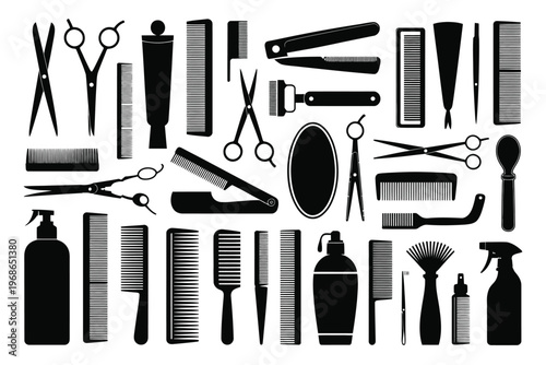 Black and white of various tools and utensils hammer