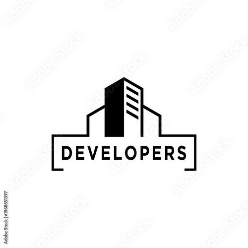Real estate developer logo vector with modern building line art minimalist property construction architecture symbol isolated on white background for business branding